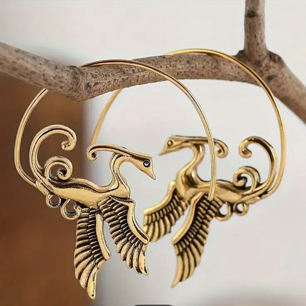 Fenix Bird Gold Hoop Earrings Gothic Edgy  Halloween